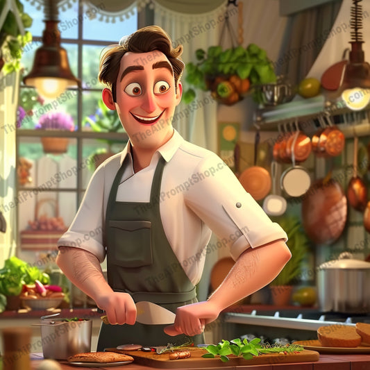AI MidJourney Image Prompt, Culinary Creations in 3D, 51573D character art, Animated chef, Animation, cartoon, Character expression, Cheerful chef, Culinary animation, Digital culinary art, Food illustration, Gastronomic delight, Gourmet adventure, Kitchen scene, midjourney, Storytelling through food, Whimsical cooking