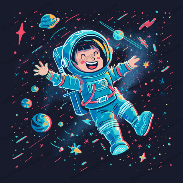 Adventures of Space Kids AI MidJourney Image Prompt, 8181astronauts, bright, colorful, cosmic, cosmosmidjourney, exploration, floating, fun, imagination, joyful, kids space suits, orbit, outer space, planets, space children adventure, stars, whimsical