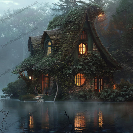 Enchanted Forest Retreat AI MidJourney Image Prompt, 8320Ai, Ai Image Prompt, cottage, dreamlike, enchanted, fairytale, Fantasy, forest, glow, greenery, house, illustration, Image Prompt, lake, lanterns, lush, magical, midjourney, nature, night, Prompt, retreat, scenic, serene, whimsical