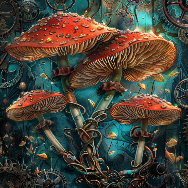 Steampunk Fantasy AI MidJourney Image Prompt, 9661 Fantasy, midjourney, steampunk, fantasy, gears, crystals, mechanical, butterflies, mushrooms, futuristic, intricate, vibrant, metallic, organic, imaginative, scene, art, design, surreal, technology, nature, creative, Midjourney, Ai, Ai Image Prompt, Image Prompt, Prompt