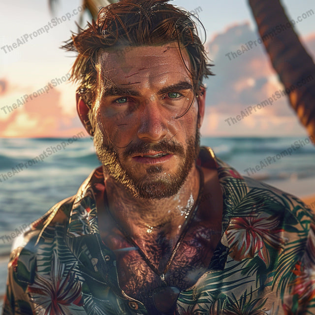 Tropical Beach Vibes Portrait AI MidJourney Image Prompt, 8159carefree, coastal, floral, island life, midjourney, nature, ocean, palm trees, paradise, relaxed, scenic, seaside, summer, sunlight, sunset, tropical beach, tropical shirt, vacation, vibrant, waves