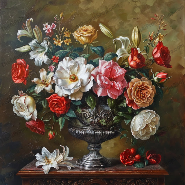 Exquisite Floral Still Life AI MidJourney Image Prompt, 8351Ai, Ai Image Prompt, art, art piece, beautiful, blossoms, botanical, classical, decor, detailed, elegant, floral, Florals, flowers, Image Prompt, intricate, midjourney, muted tones, nature, painting, Prompt, rich colors, still life, textured, vase, vibrant