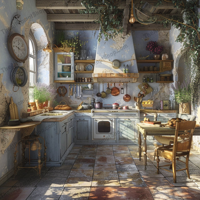 Rustic Mediterranean Kitchen AI MidJourney Image Prompt, 8658Ai, Ai Image Prompt, architecture, charming, countryside, cozy, culinary, decor, greenery, home, Image Prompt, interiors, inviting, kitchen, Landscapes & Paintings, Mediterranean, midjourney, old-fashioned, pottery, Prompt, quaint, rustic, tiled backsplash, vintage, warm, wooden beams