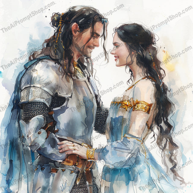 Medieval Romance AI MidJourney Image Prompt, 8862 Animals, midjourney, medieval, romance, historic, love, chivalry, knight, maiden, renaissance, vintage, courtship, fairytale, epic, classic, watercolor, embrace, art, illustration, costume, period, drama, Midjourney, Ai, Ai Image Prompt, Image Prompt, Prompt
