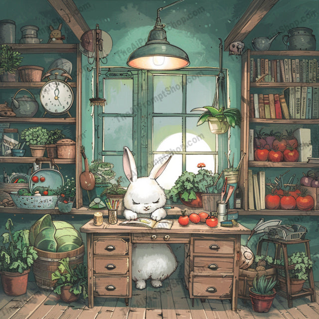 Whimsical Workspace Art AI MidJourney Image Prompt, 9468 Storybook Illustrations, midjourney, whimsical, workspace, cozy, magic, wonder, illustration, creative, late-night, imaginative, art, desk, books, plants, lamps, night, interior, home office, cute, decor, curiosity, serenity, Midjourney, Ai, Ai Image Prompt, Image Prompt, Prompt