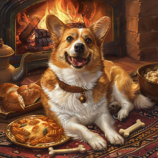 Cozy Pet Tea Time AI MidJourney Image Prompt, 8048animal illustration, animal lovers art, animal tea party, bunny garden party, corgi by fireplace, cottagecore pets, country style pets, cozy living decor, cozy pet tea time, cute animal painting, elegant animal scene, fireside pets, floral animal scene, hamster tea time, luxury pets, midjourney, pet art collection, pet lovers decor, pet portrait, regal cat, tea party pets, vintage style pets, whimsical animal art