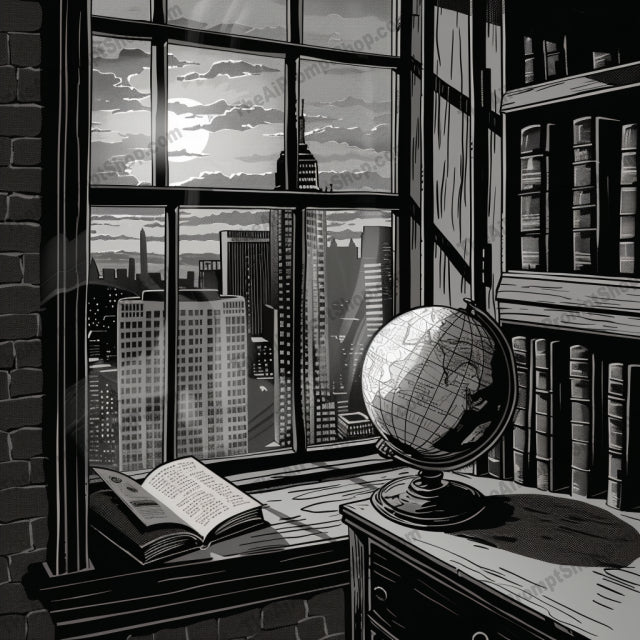 Vintage Window View Illustrations AI MidJourney Image Prompt, 9606 — A series of black and white illustrations highlighting vintage items and urban window views — product preview image 4