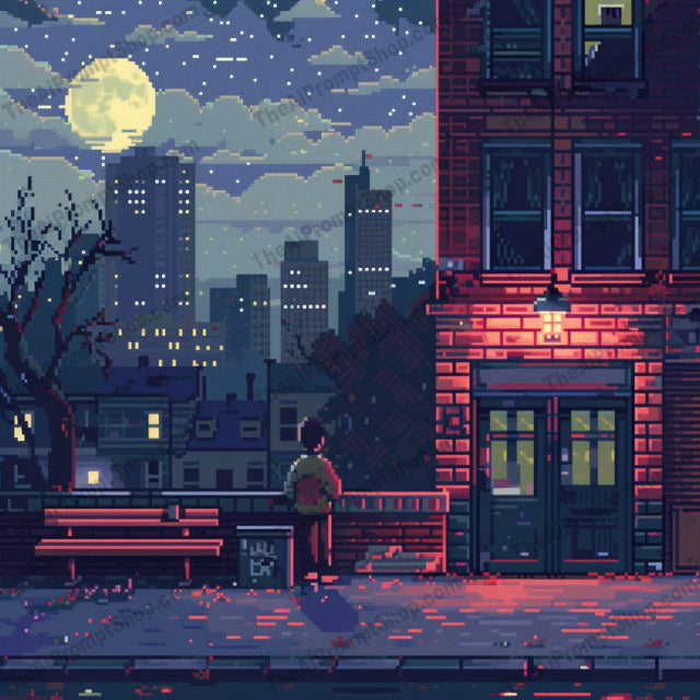AI MidJourney Image Prompt, Pixelated City Serenity, 51618-bit style, Animation, cartoon, Charming simplicity, City at dusk, Digital nostalgia, Evening cityscape, midjourney, Moonlit ambience, Pixel art, Pixelated skyline, Retro game aesthetic, Serene urban life, Urban scene, Vintage graphics
