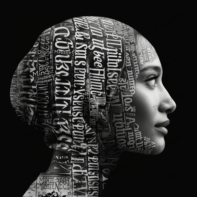 Innovative Silhouette Art AI MidJourney Image Prompt, 8196artistic, black and white, contemporary art, creative, digital art, futuremidjourney, futuristic, graphic design, head profile, innovative design, monochrome, side profile, silhouette modern art, sleek, stylish, tech words, technology, typography