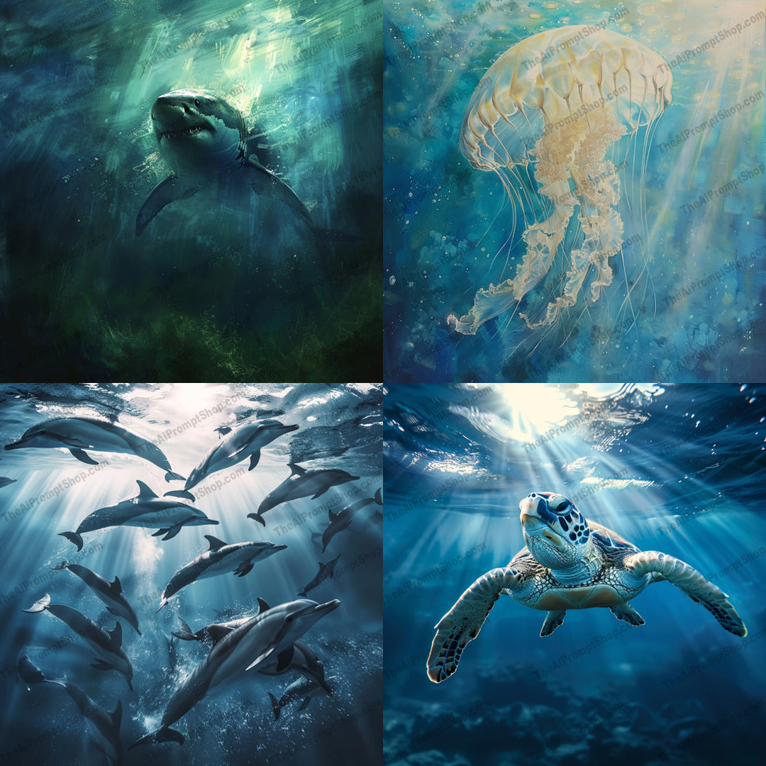 Underwater Life AI MidJourney Image Prompt, 9038 Animals, midjourney, underwater, marine life, ocean, sea, wildlife, dolphins, sea turtle, shark, jellyfish, aquatic, nature, marine animals, underwater scene, ocean creatures, deep sea, marine ecosystem, water, aquatic life, sea life, oceanic, beautiful ocean, ocean depth, Midjourney, Ai, Ai Image Prompt, Image Prompt, Prompt