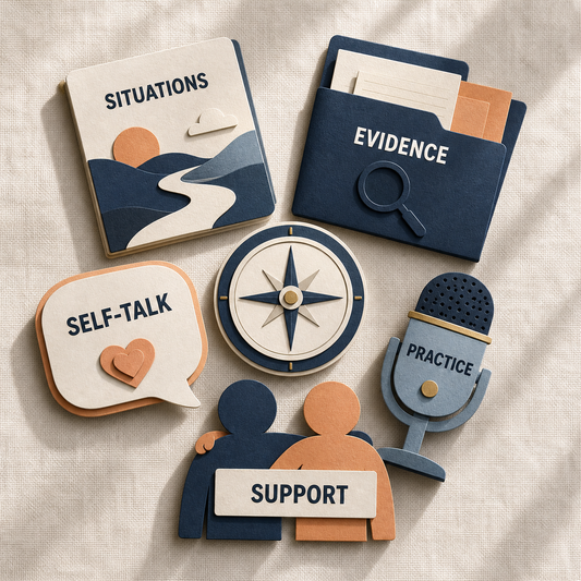 Confidence & Positive Mindset Generator overview of situations, evidence, self-talk, practice, and support