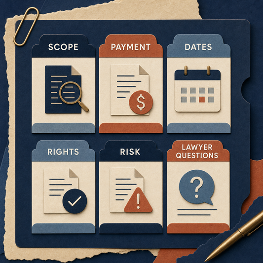Contract Review Question List Generator contents covering scope, payment, dates, rights, risk, and lawyer questions