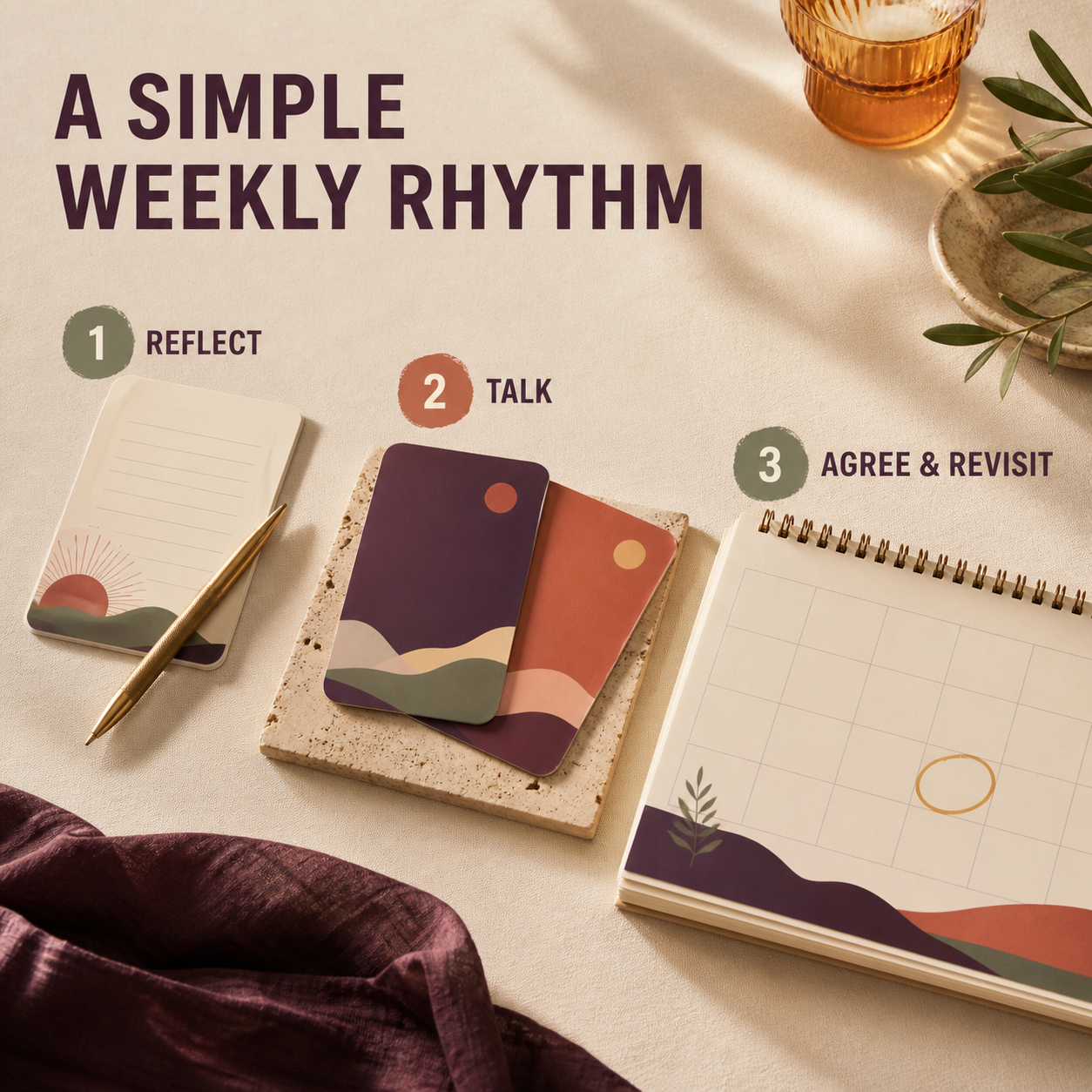 Couples weekly check-in method showing reflect, talk, agree, and revisit