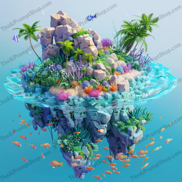 Floating Islands AI MidJourney Image Prompt, 9574 Fantasy, midjourney, floating island, fantasy art, vibrant flora, futuristic cityscape, enchanted castle, tropical paradise, imaginative landscape, 3D illustration, digital art, surreal scenery, magical world, island in the sky, colorful artwork, dreamlike environment, whimsical design, creative composition, aerial view, fantasy city, lush greenery, aquatic life, Midjourney, Ai, Ai Image Prompt, Image Prompt, Prompt