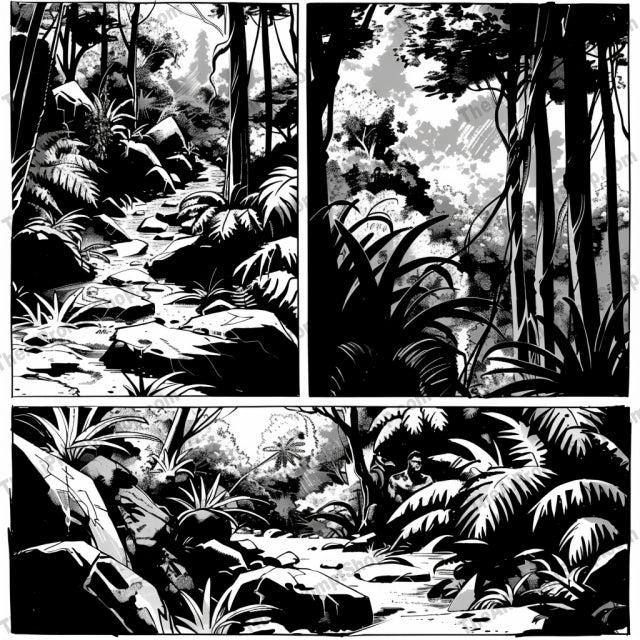 Black and White Comic Art AI MidJourney Image Prompt, 8816 Isometrics & Icons, midjourney, black and white, comic art, urban, cityscape, jungle, nature, street market, lanterns, buildings, skyscrapers, alleyways, architecture, illustration, graphic novel, artistic, detailed, contrast, monochrome, scene, environment, Midjourney, Ai, Ai Image Prompt, Image Prompt, Prompt