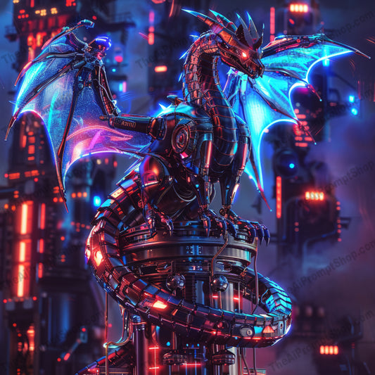Cybernetic Creatures in Neon Cityscapes AI MidJourney Image Prompt, 8088bold wall art, cybernetic creatures, cyberpunk world, futuristic creatures, futuristic design, imaginative art, midjourney, robotic animals, sci-fi animals, sci-fi decor, sci-fi fantasy, tech-inspired decor, urban nightscapes, vibrant artwork