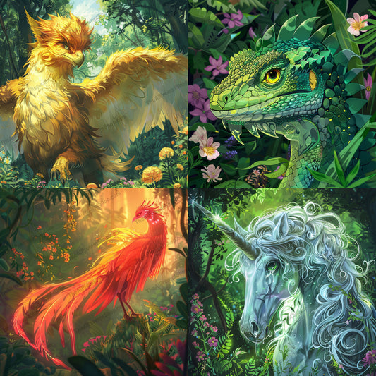 Mythical Creatures in Enchanted Forest AI MidJourney Image Prompt, 8940 Animation & Cartoons, midjourney, mythical, creatures, griffin, dragon, phoenix, unicorn, enchanted, forest, fantasy, legendary, mystical, majestic, art, illustration, lush, flora, verdant, wonder, detailed, beautiful, Midjourney, Ai, Ai Image Prompt, Image Prompt, Prompt