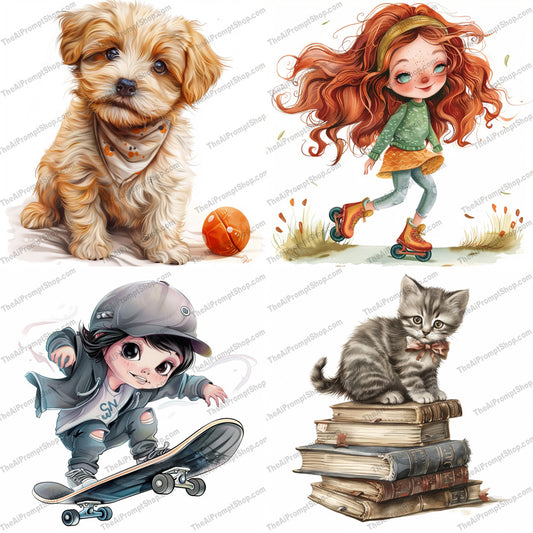 Whimsical Characters AI MidJourney Image Prompt, 9444 Character Art, midjourney, whimsical, characters, puppy, kitten, skateboarder, roller-skates, fun, joy, imagination, adorable, playful, charming, sporty, heartwarming, delightful, cute, friendly, vibrant, illustration, art, Midjourney, Ai, Ai Image Prompt, Image Prompt, Prompt