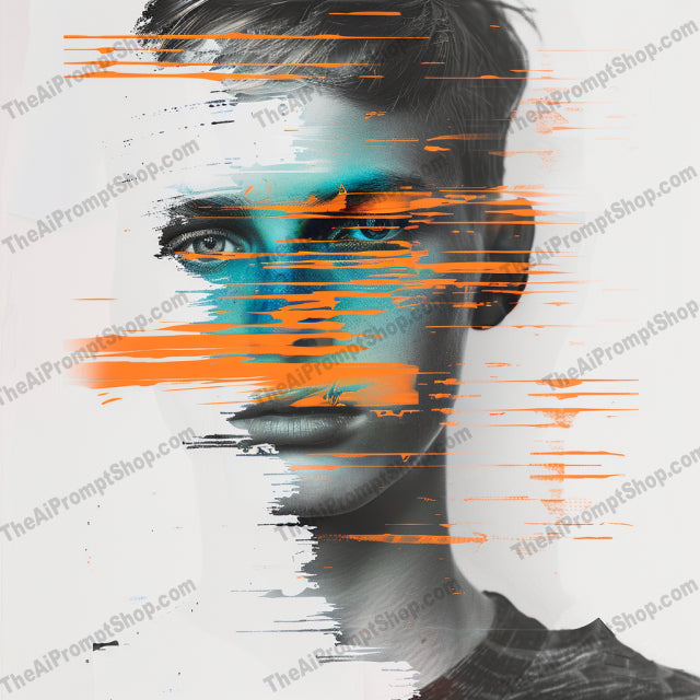 Glitch Art Portrait AI MidJourney Image Prompt, 8650abstract portrait, Ai, Ai Image Prompt, artistic portrait, colorful portrait, contemporary art, cyberpunk, digital art, digital distortion, distorted image, edgy art, futuristic, futuristic portrait, glitch art, glitch effect, graphic design, Image Prompt, midjourney, modern art, overlapping distortions, portrait, Portraits & People, Prompt, stylized image, tech art, vibrant colors