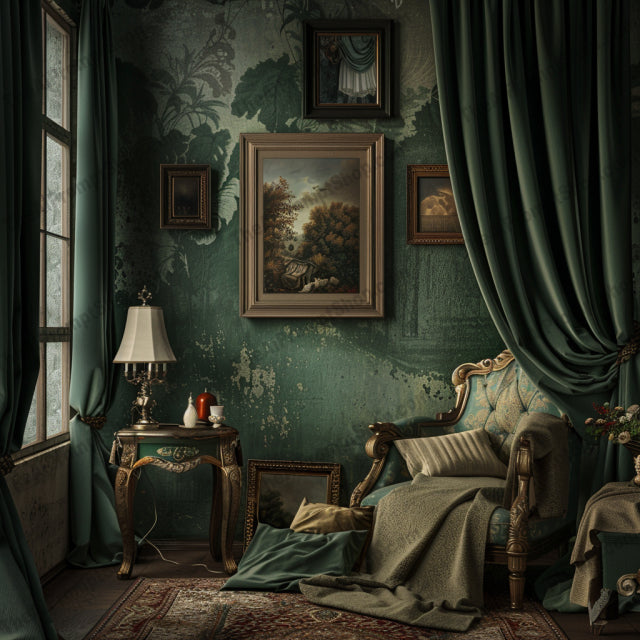 Elegant Interior Design AI MidJourney Image Prompt, 9521 Mockups - Interior Design, midjourney, interior design, elegant, sophisticated, modern, classic, vintage, furniture, home decor, luxury, aesthetic, green curtains, cozy, stylish, contemporary, classic decor, refined, sophistication, ambiance, lush, rich textures, Midjourney, Ai, Ai Image Prompt, Image Prompt, Prompt
