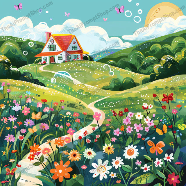Seasonal Landscape Illustrations AI MidJourney Image Prompt, 9475 Landscapes & Paintings, midjourney, seasonal landscape, whimsical art, painterly style, rolling hills, charming houses, nature illustration, fantasy landscape, picturesque, weather conditions, foliage, countryside, outdoors, seasonal changes, rural scene, fantasy art, vibrant colors, artistic, scenic view, fantastical, serene beauty, Midjourney, Ai, Ai Image Prompt, Image Prompt, Prompt