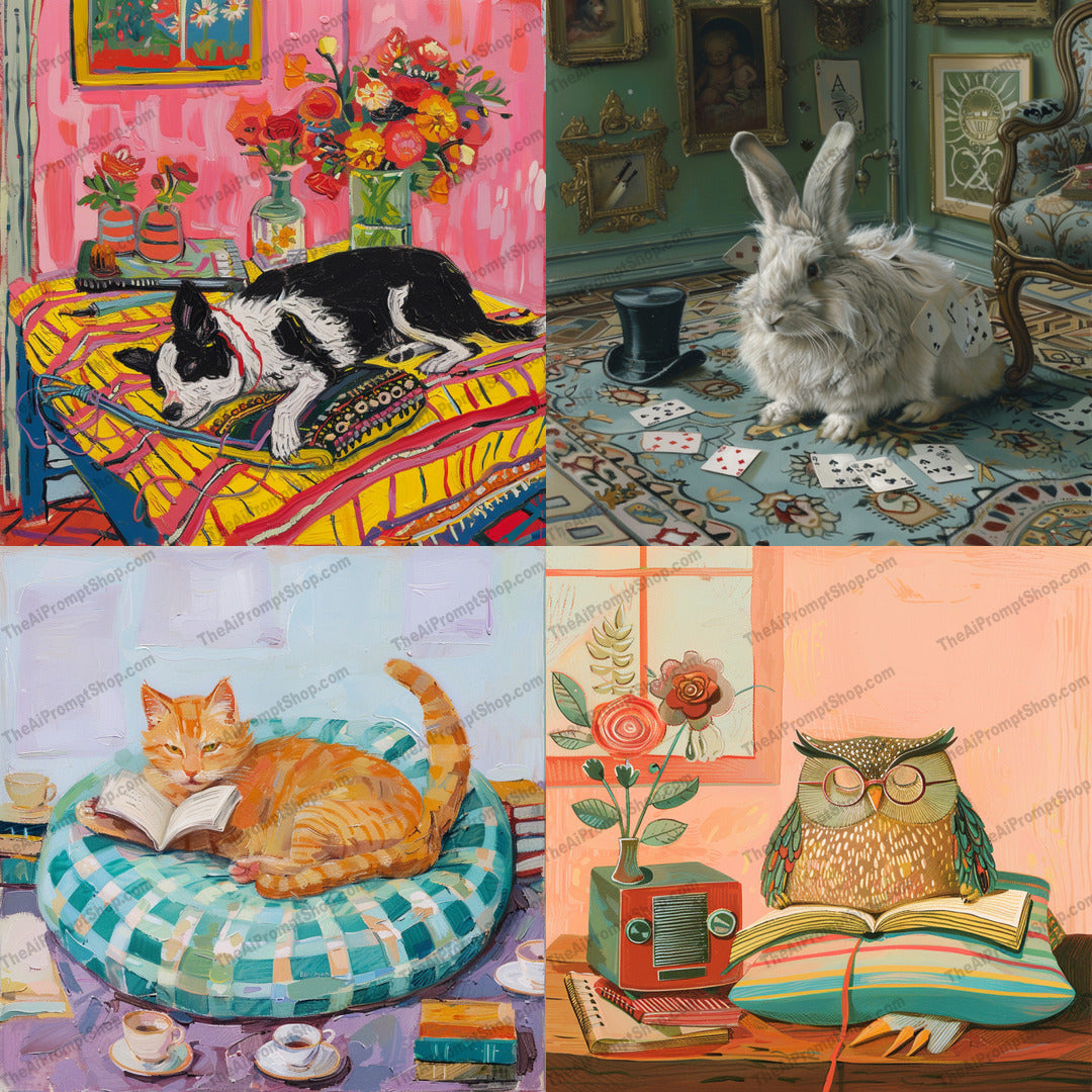 Animals Reading AI MidJourney Image Prompt, 8915 Animals, midjourney, animals, reading, whimsical, colorful, dog, cat, rabbit, owl, leisure, books, flowers, bright, cozy, imaginative, vibrant, artistic, homey, decorative, storybook, fun, Midjourney, Ai, Ai Image Prompt, Image Prompt, Prompt