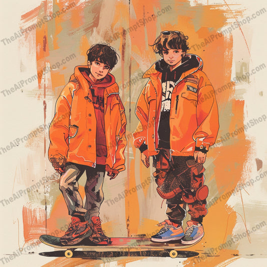 AI MidJourney Image Prompt, Youthful Ambitions, 4942Astral aspirations, chat gpt, chat gpt prompts, chatgpt, chatgpt prompts, Coming of age, Friendship bonds, midjourney, Seasonal transitions, Shared curiosities, Skateboard escapades, Storybook Illustrations, Twin encounters, Urban adventures, Wanderlust duo, Wintery exploration