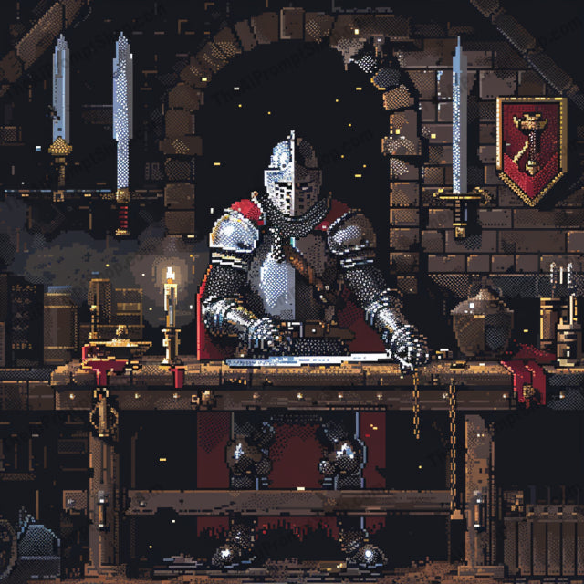 Medieval Pixel Art AI MidJourney Image Prompt, 8227Adventure, Armory, Atmospheric, Bygone Era, Candle-lit, Detailed, Forest Chapel, Intricate, Knight, Map, Medieval Pixel Art, Monk, Mystery, Ranger, Retro Art, Storytellingmidjourney, Vibrant Colors