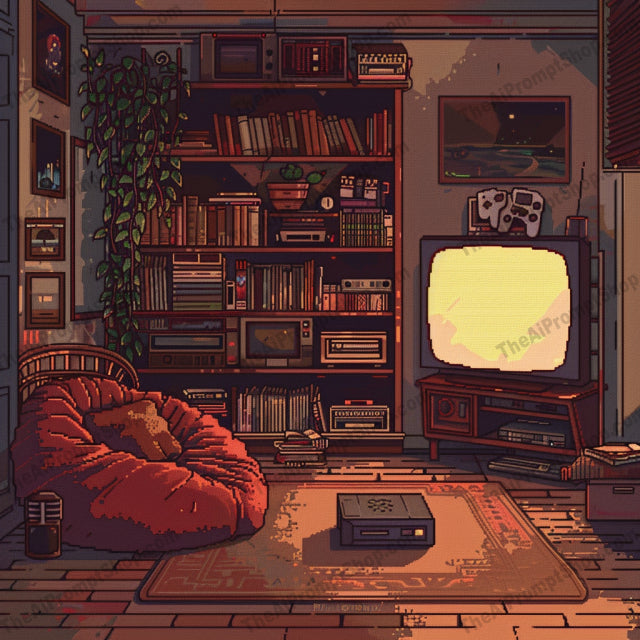Cozy Retro Nostalgia AI MidJourney Image Prompt, 8989 Animation & Cartoons, midjourney, retro, vintage, nostalgia, cozy, arcade, classic, furniture, decor, warm lighting, soothing, memories, comfort, relaxation, living space, old-school, past, present, inviting, cherished, atmosphere, Midjourney, Ai, Ai Image Prompt, Image Prompt, Prompt