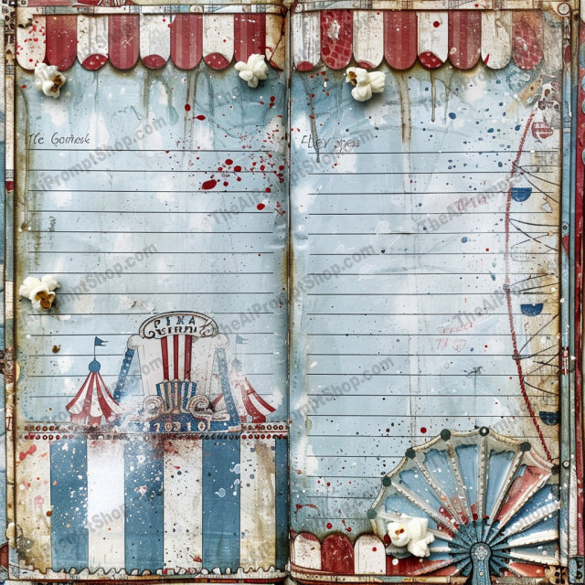 Vintage Circus-Themed Illustration AI MidJourney Image Prompt, 8237artistic, carousel, classic motifs, collectiblemidjourney, colorful, detailed, distressed textures, fantasy, imaginative, nostalgia, old-world charm, stage curtains, vintage circus illustration, whimsical