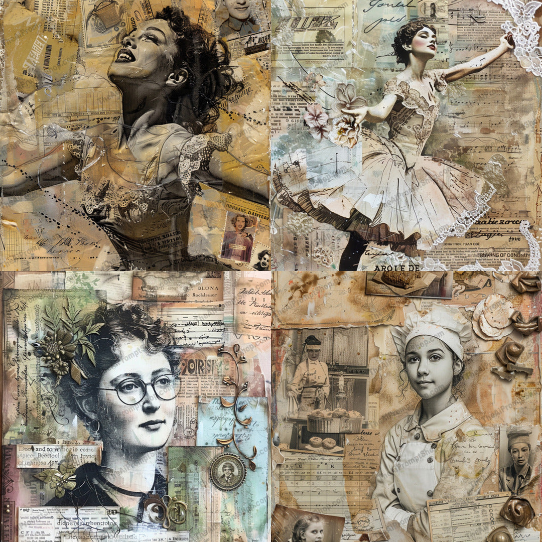 Vintage Mixed Media Artwork AI MidJourney Image Prompt, 8742 Landscapes & Paintings, midjourney, vintage, mixed media, dance, floral, culinary, sepia, artwork, nostalgic, historical, artistic, intricate, textured, collage, expression, patterns, thematic, creative, elegant, timeless, detailed, Midjourney, Ai, Ai Image Prompt, Image Prompt, Prompt