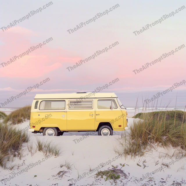 Retro Beach Vans AI MidJourney Image Prompt, 9098 Animation & Cartoons, midjourney, retro van, vintage car, beach scene, pastel colors, classic vehicle, vintage aesthetic, serene beach, travel, nostalgia, beach vibes, old-fashioned van, coastal, retro vibes, classic design, vintage travel, summer, outdoor adventure, beach getaway, retro style, scenic view, Midjourney, Ai, Ai Image Prompt, Image Prompt, Prompt