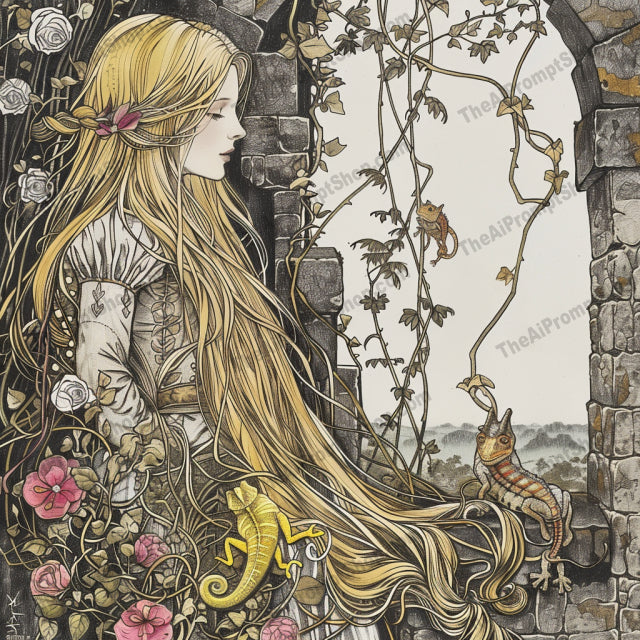 Enchanting Fairytale Princesses AI MidJourney Image Prompt, 8078Alice in Wonderland, artistic prints, Cinderella art, classic fairytales, detailed artwork, enchanted forest art, fairytale art, fairytale collection, fantasy wall art, hand-drawn illustrations, intricate designs, magical scenes, midjourney, princess decor, princess illustrations, Rapunzel art, Snow White art, storybook characters, whimsical decor