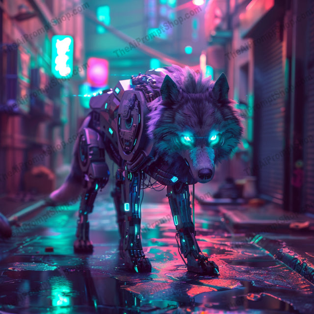 Cybernetic Creatures in Neon Cityscapes AI MidJourney Image Prompt, 8088bold wall art, cybernetic creatures, cyberpunk world, futuristic creatures, futuristic design, imaginative art, midjourney, robotic animals, sci-fi animals, sci-fi decor, sci-fi fantasy, tech-inspired decor, urban nightscapes, vibrant artwork