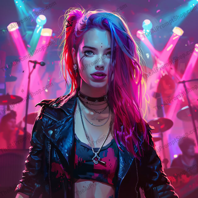 Rock Concert Fashion AI MidJourney Image Prompt, 9287 Portraits & People, midjourney, rock, concert, fashion, neon, lights, leather, jacket, rebellious, edgy, music, vibrant, stage, crowd, dynamic, energy, intense, punk, style, live, performance, Midjourney, Ai, Ai Image Prompt, Image Prompt, Prompt