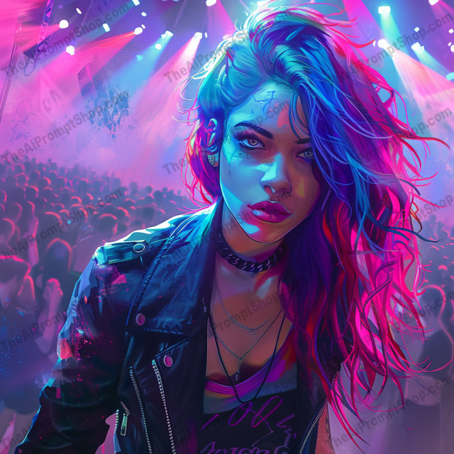 Rock Concert Fashion AI MidJourney Image Prompt, 9287 Portraits & People, midjourney, rock, concert, fashion, neon, lights, leather, jacket, rebellious, edgy, music, vibrant, stage, crowd, dynamic, energy, intense, punk, style, live, performance, Midjourney, Ai, Ai Image Prompt, Image Prompt, Prompt