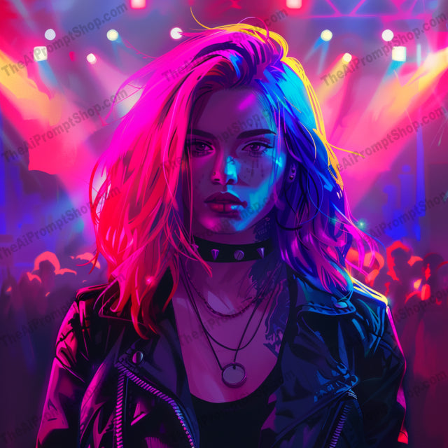 Rock Concert Fashion AI MidJourney Image Prompt, 9287 Portraits & People, midjourney, rock, concert, fashion, neon, lights, leather, jacket, rebellious, edgy, music, vibrant, stage, crowd, dynamic, energy, intense, punk, style, live, performance, Midjourney, Ai, Ai Image Prompt, Image Prompt, Prompt