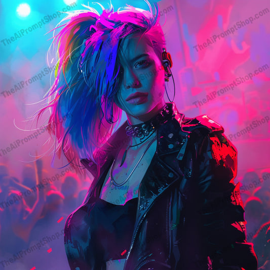 Rock Concert Fashion AI MidJourney Image Prompt, 9287 Portraits & People, midjourney, rock, concert, fashion, neon, lights, leather, jacket, rebellious, edgy, music, vibrant, stage, crowd, dynamic, energy, intense, punk, style, live, performance, Midjourney, Ai, Ai Image Prompt, Image Prompt, Prompt