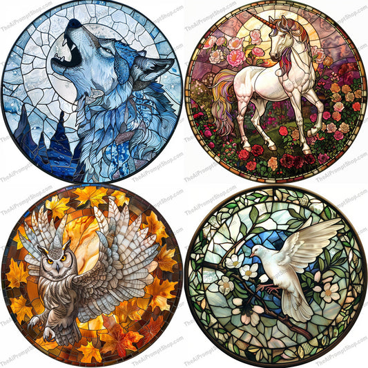 Stained Glass Animal Art AI MidJourney Image Prompt, 8861 Animals, midjourney, stained glass, animal art, howling wolf, majestic unicorn, soaring owl, serene dove, vibrant colors, intricate details, nature, wildlife, artistic, decorative, beautiful, artwork, glass art, handcrafted, ornamental, unique art, animal portraits, elegant design, Midjourney, Ai, Ai Image Prompt, Image Prompt, Prompt