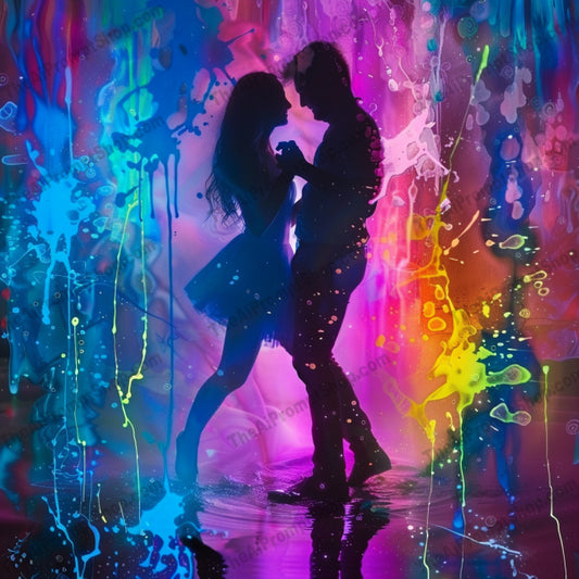 Colorful Nighttime Romance AI MidJourney Image Prompt, 8775 Storybook Illustrations, midjourney, romance, night, colorful, neon, silhouettes, couple, intimate, artistic, splashes, vibrant, love, urban, reflections, nightlife, dreamy, electric, bright, modern art, city lights, passion, relationship, Midjourney, Ai, Ai Image Prompt, Image Prompt, Prompt