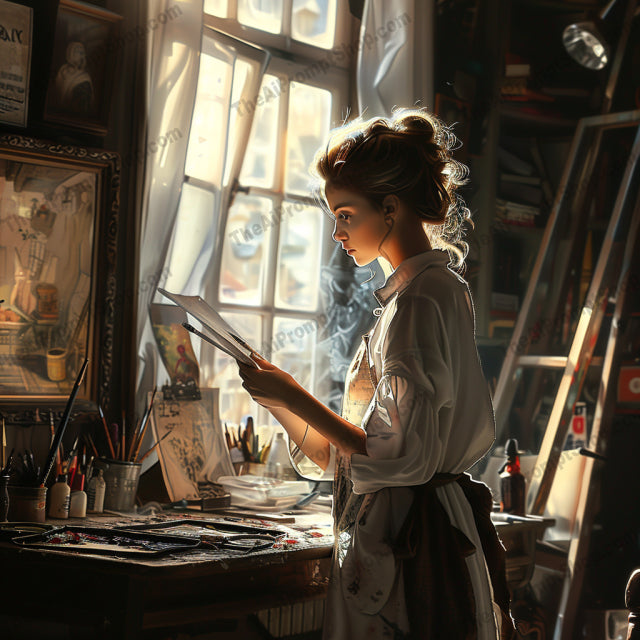 AI MidJourney Image Prompt, Quiet Moments of Creation, 4958Artisan focus, Artist at work, Artistic immersion, chat gpt, chat gpt prompts, chatgpt, chatgpt prompts, Contemplative creation, Crafting beauty, Creative concentration, Inspiration in light, midjourney, Painter's solitude, Peaceful illustration, Serene studio light, Storybook Illustrations