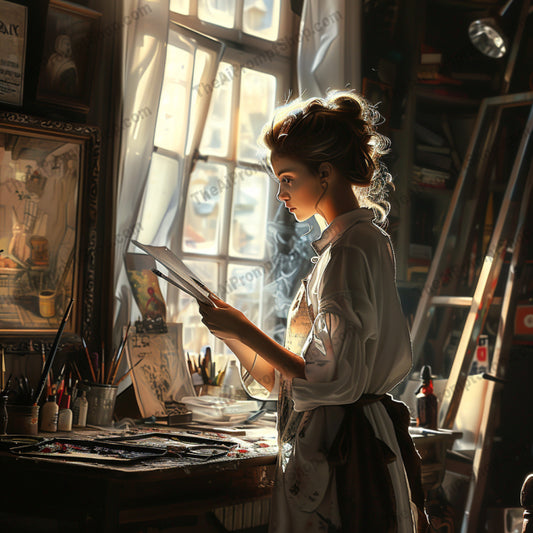 AI MidJourney Image Prompt, Quiet Moments of Creation, 4958Artisan focus, Artist at work, Artistic immersion, chat gpt, chat gpt prompts, chatgpt, chatgpt prompts, Contemplative creation, Crafting beauty, Creative concentration, Inspiration in light, midjourney, Painter's solitude, Peaceful illustration, Serene studio light, Storybook Illustrations
