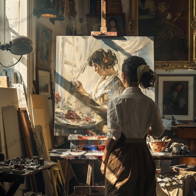 AI MidJourney Image Prompt, Quiet Moments of Creation, 4958Artisan focus, Artist at work, Artistic immersion, chat gpt, chat gpt prompts, chatgpt, chatgpt prompts, Contemplative creation, Crafting beauty, Creative concentration, Inspiration in light, midjourney, Painter's solitude, Peaceful illustration, Serene studio light, Storybook Illustrations