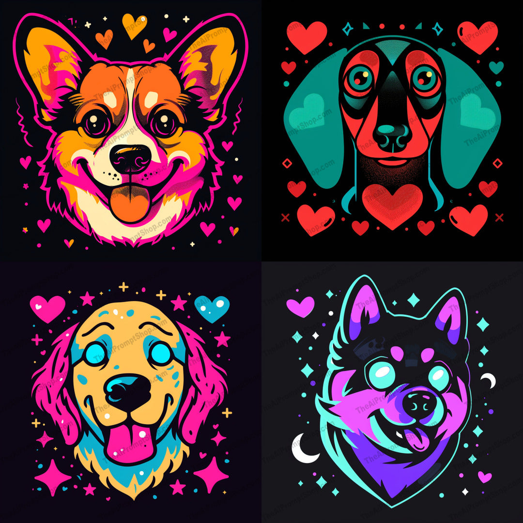 Neon Pop Art Dogs AI MidJourney Image Prompt, 8889 Animals, midjourney, neon, pop art, dog illustrations, vibrant colors, modern art, lively, playful, bright, bold, fun, colorful, canine, pets, animals, artistic, graphic design, contemporary, trendy, eye-catching, decorative, Midjourney, Ai, Ai Image Prompt, Image Prompt, Prompt