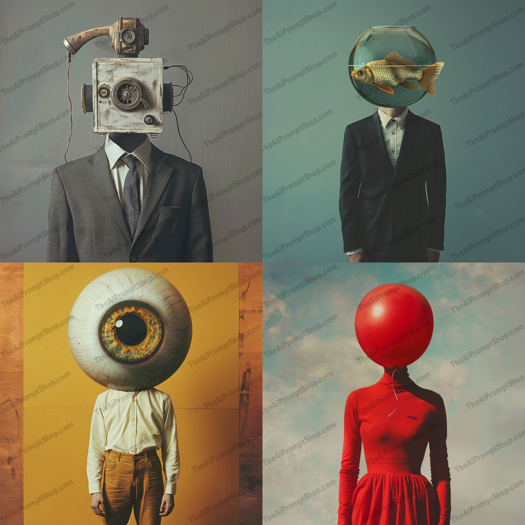 Surreal Portraits with Object Heads AI MidJourney Image Prompt, 8766 Animals, midjourney, surreal, portrait, whimsical, imaginative, vintage machinery, fishbowl, eyeball, red balloon, thought-provoking, unconventional, creative, artistic, fantasy, conceptual, whimsy, modern art, visual art, unique, bizarre, head replacement, Midjourney, Ai, Ai Image Prompt, Image Prompt, Prompt