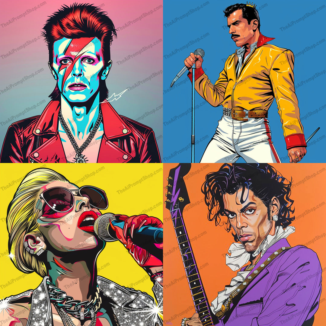 Iconic Musicians Art AI MidJourney Image Prompt, 8723 Isometrics & Icons, midjourney, iconic, musicians, digital art, bold colors, pop culture, celebrity portraits, music lovers, vibrant artwork, modern depiction, dynamic poses, rock stars, musical legends, art prints, poster art, fine art, music themed, iconic figures, celebrity art, pop art, graphic design, Midjourney, Ai, Ai Image Prompt, Image Prompt, Prompt