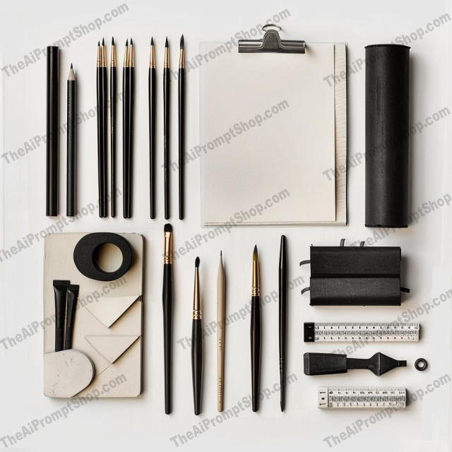 Art Supplies Flat Lay AI MidJourney Image Prompt, 8147art supplies, brushes, classic, colorful, creative inspiration, drawing, flat lay, materials, midjourney, minimalist, modern, notebooks, organization, painting, pencils, pens, stationery, tools, vibrant