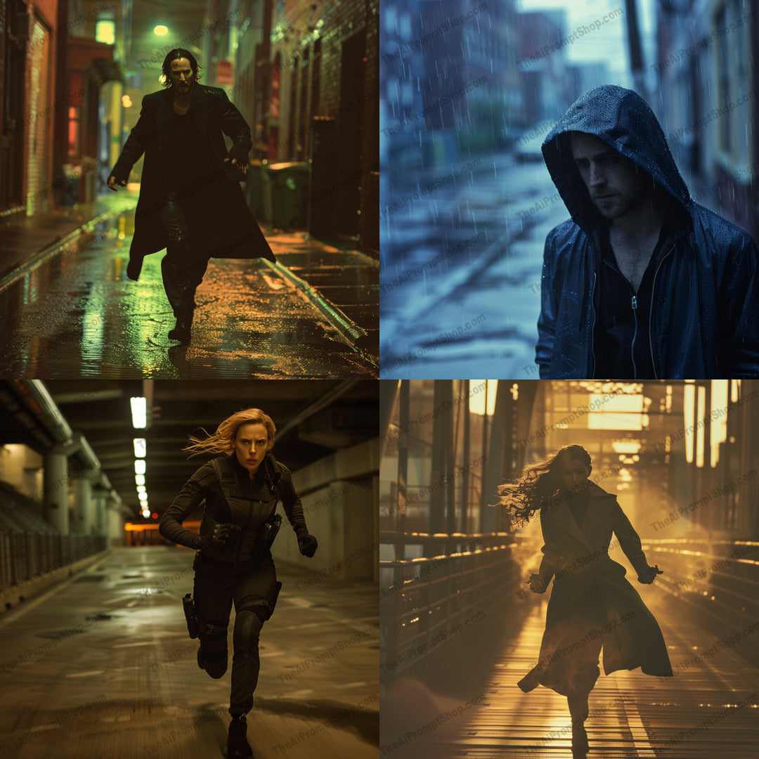 Dramatic Running Scenes AI MidJourney Image Prompt, 8907 Animation & Cartoons, midjourney, dramatic, running, atmospheric, tense, moody lighting, rainy scene, urban, dark alleys, action, suspenseful, cinematic, mysterious, intense, silhouette, urban exploration, night scene, hooded figure, action-packed, dynamic movement, adventure, Midjourney, Ai, Ai Image Prompt, Image Prompt, Prompt