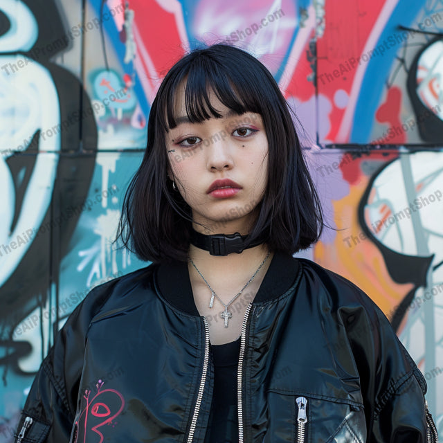 Urban Street Style Portrait AI MidJourney Image Prompt, 8231artistic, choker, cityscape, colorful, denim jacket, dynamic, edgy, expression, fashion, fashionable, graffiti, hoodie, modern, portrait, trendymidjourney, urban street style, vibrant, youthful