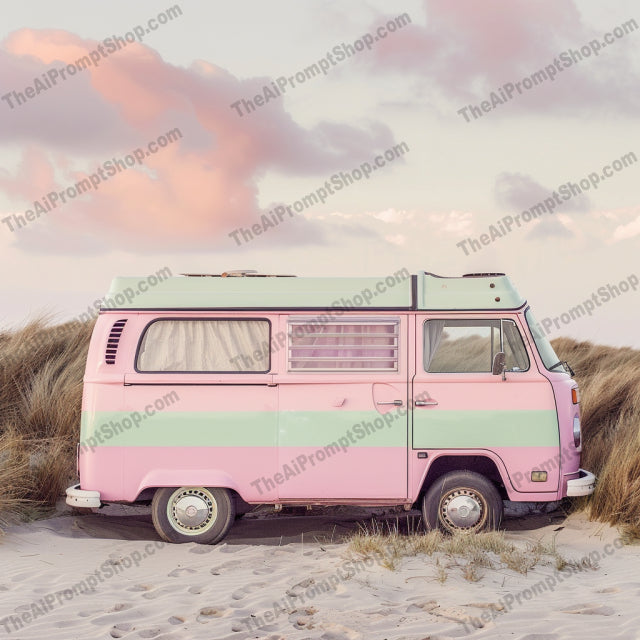 Retro Beach Vans AI MidJourney Image Prompt, 9098 Animation & Cartoons, midjourney, retro van, vintage car, beach scene, pastel colors, classic vehicle, vintage aesthetic, serene beach, travel, nostalgia, beach vibes, old-fashioned van, coastal, retro vibes, classic design, vintage travel, summer, outdoor adventure, beach getaway, retro style, scenic view, Midjourney, Ai, Ai Image Prompt, Image Prompt, Prompt